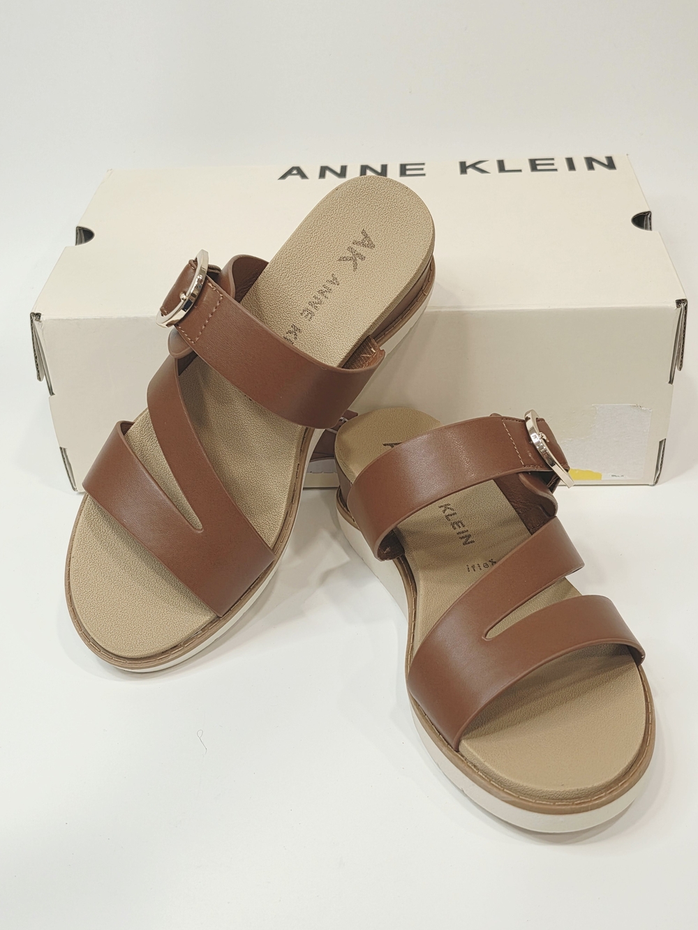 Anne Klein Lalasa Women’s Cognac Strappy Wedge Sandals with Buckle – Size 6